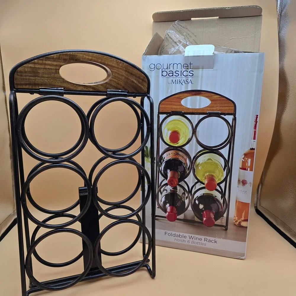 Mikasa Gourmet Basics Foldable Wine Rack 6 Bottle Antique Black Wire Acacia Wood